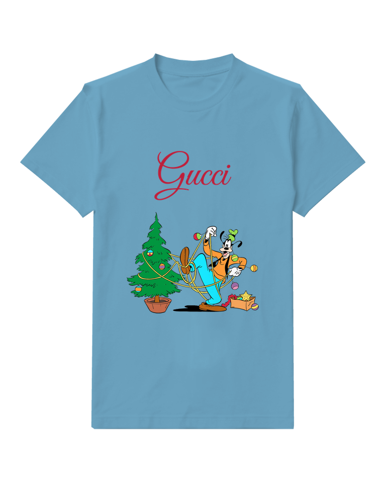 Dusty Blue Dog Beside Holiday Tree Graphic T-Shirt - front product view