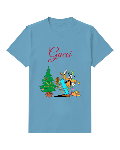Dusty Blue Dog Beside Holiday Tree Graphic T-Shirt - front product view