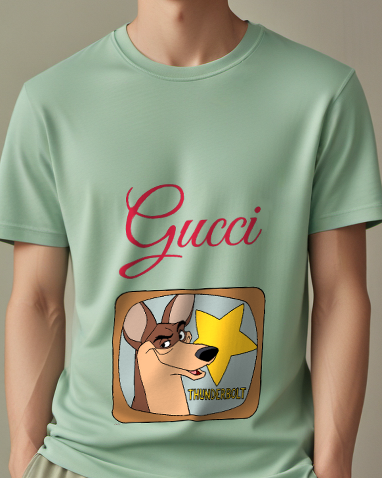 Sage Green Thunderbolt Television Portrait With Yellow Star Graphic T-Shirt - model wearing view