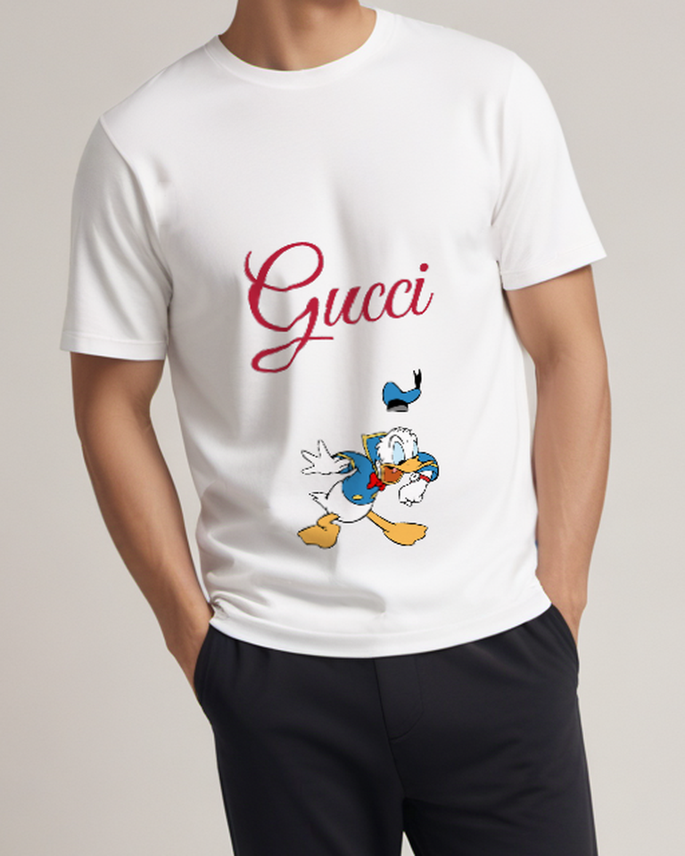 White Donald Duck Running Hat Flying Off Graphic T-Shirt - model wearing view