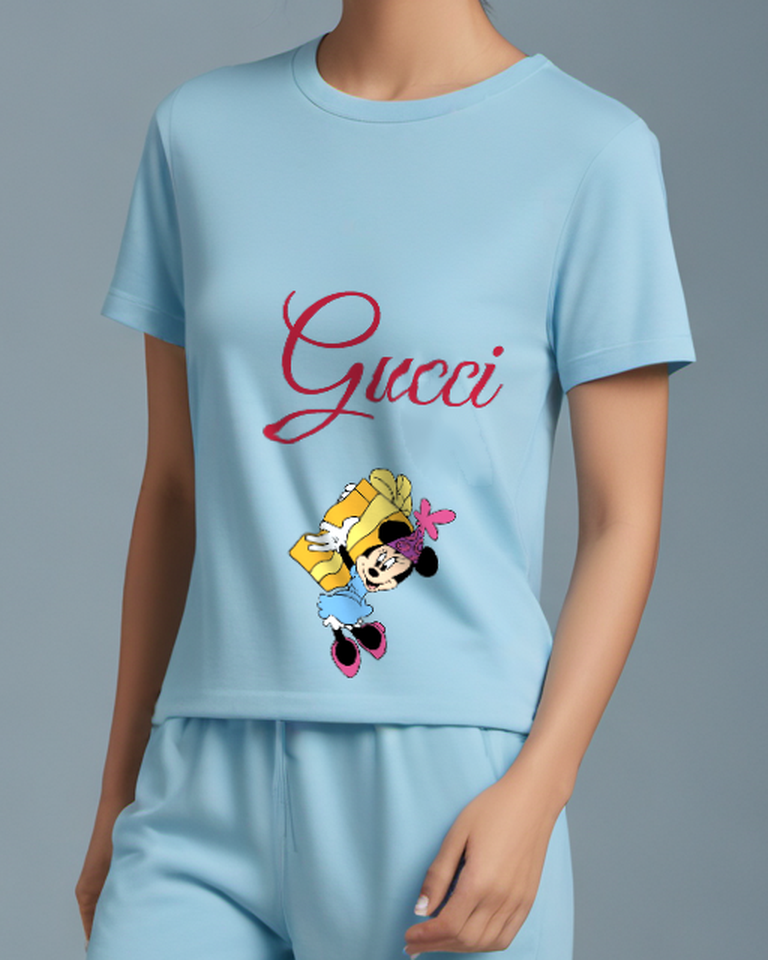 Sky Blue Minnie Mouse Carrying Gift Graphic T-Shirt - model wearing view
