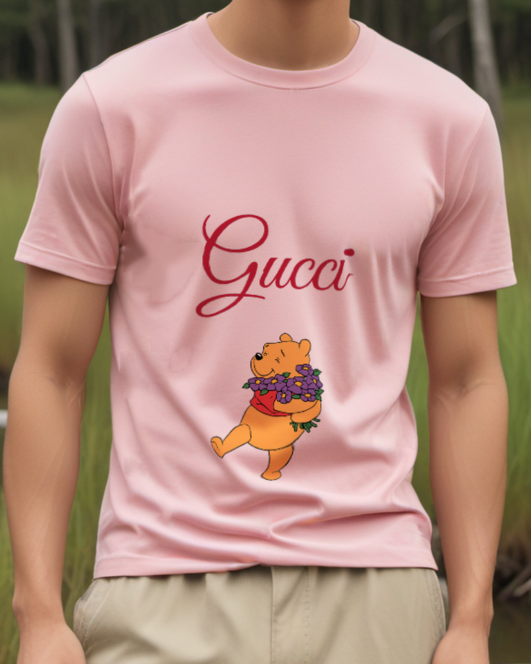 Blush Pink Bear Purple Bouquet Graphic T-Shirt - model wearing view