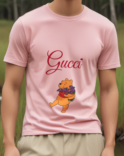 Blush Pink Bear Purple Bouquet Graphic T-Shirt - model wearing view