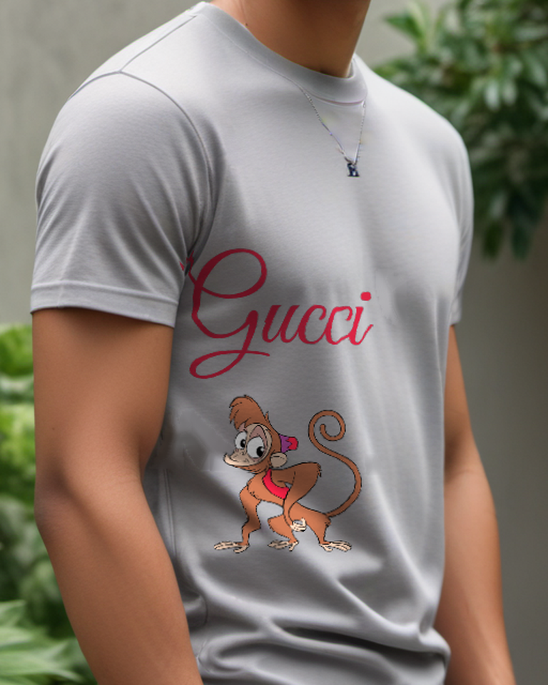 Gray Monkey In Crouched Stance With Red Cap Graphic T-Shirt - model wearing view