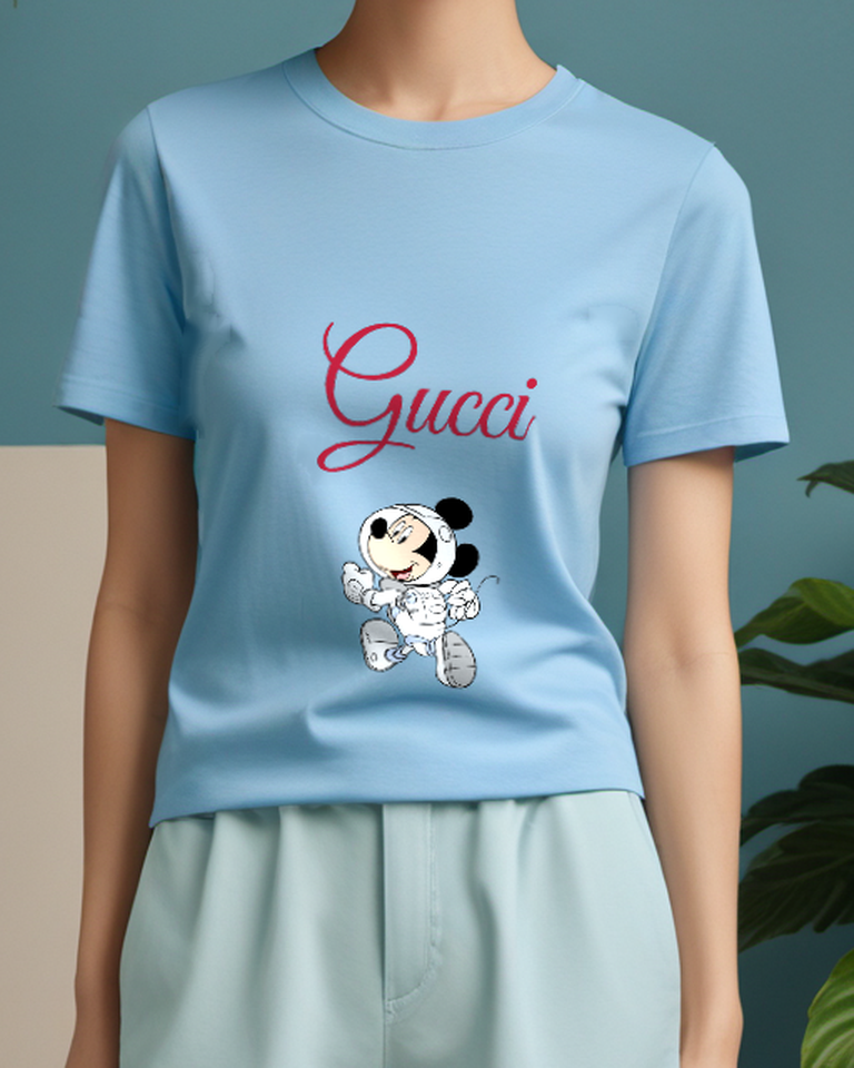 Sky Blue Mickey Mouse Astronaut Running Graphic T-Shirt - model wearing view