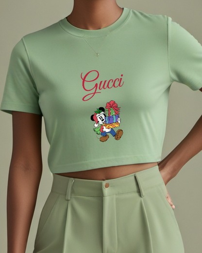 Sage Green Mickey Mouse Carries Holiday Gifts Graphic T-Shirt - model wearing view