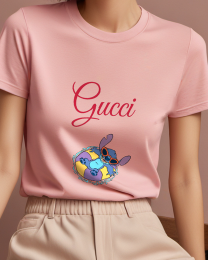 Blush Pink Stitch Floating On A Pool Float Graphic T-Shirt - model wearing view