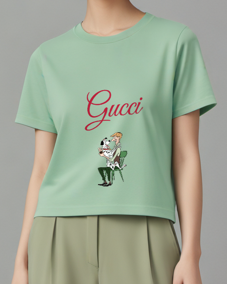 Sage Green Seated Man Spotted Puppies Graphic T-Shirt - model wearing view