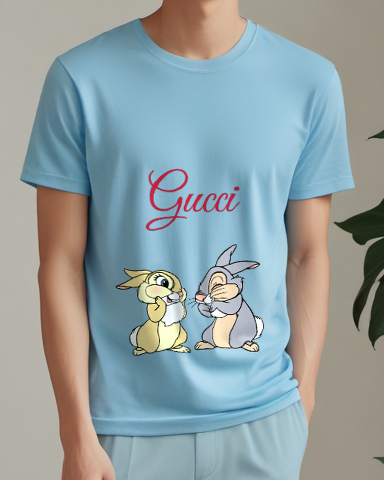 Sky Blue Two Rabbits Conversation Graphic T-Shirt - model wearing view