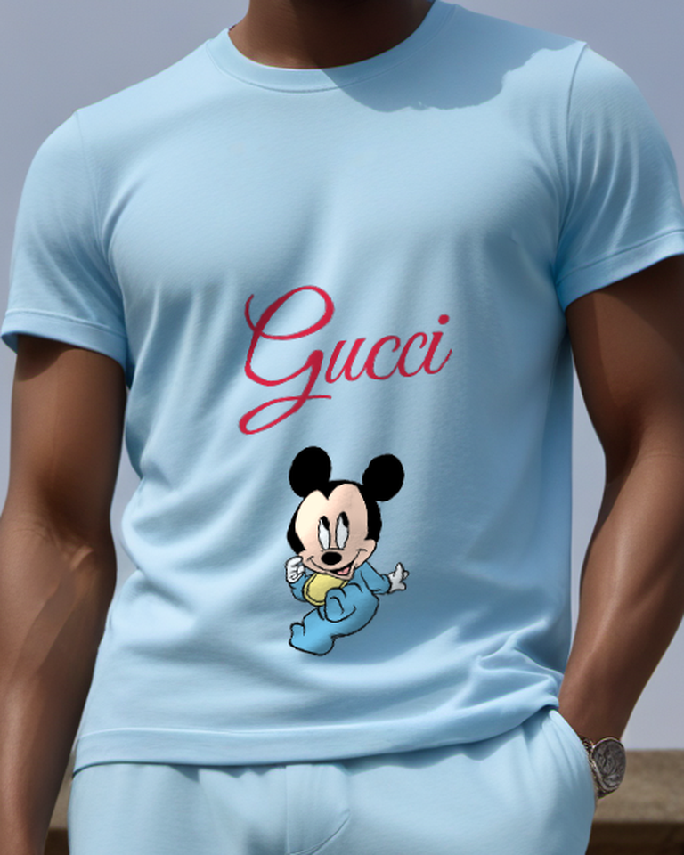 Sky Blue Baby Mickey Mouse Running Graphic T-Shirt - model wearing view