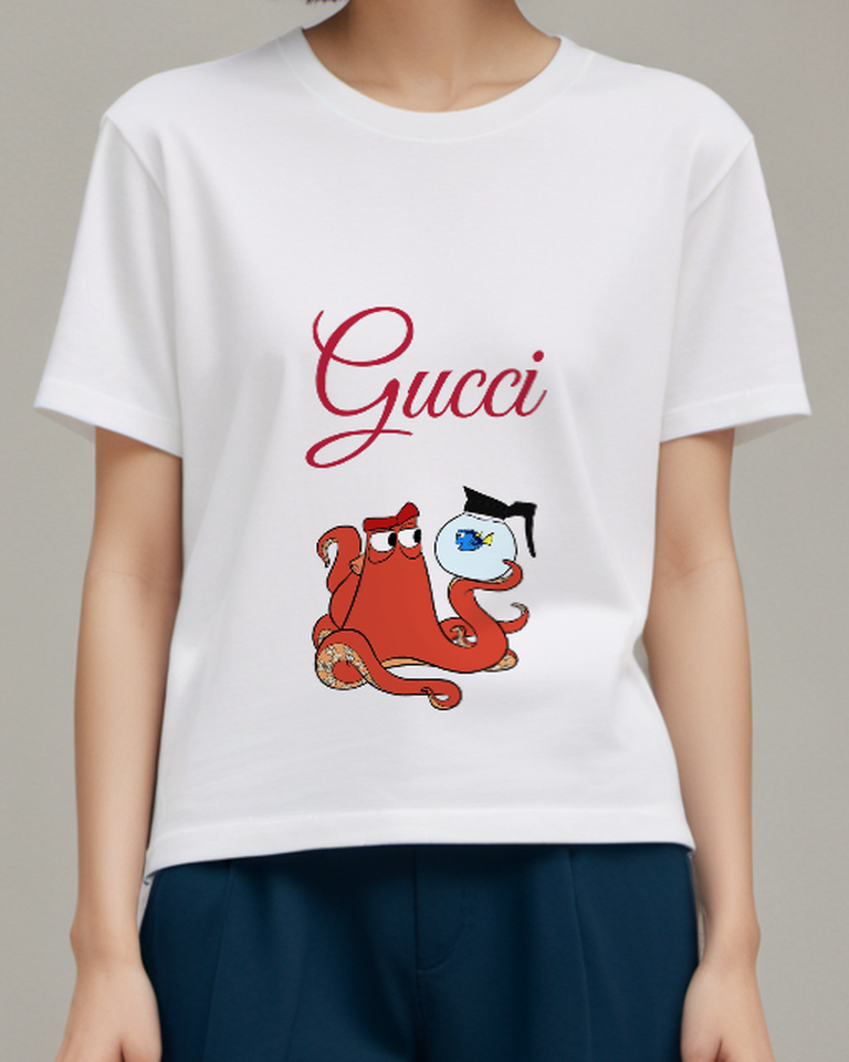 White Red Octopus Holds Fishbowl Graphic T-Shirt - model wearing view