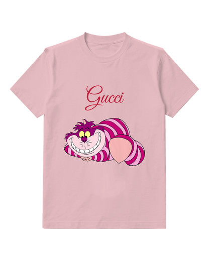 Dusty Pink Striped Grinning Cat Graphic T-Shirt - front product view