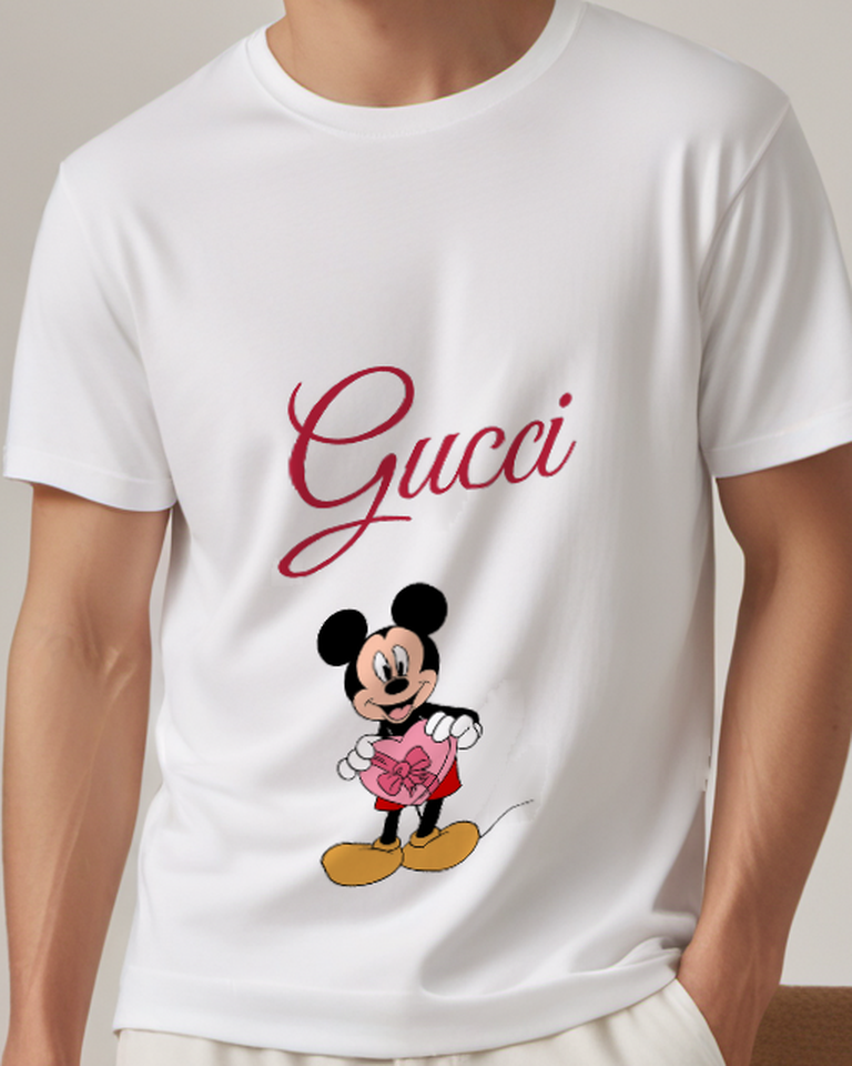White Mickey Mouse Holds Heart Shaped Gift Graphic T-Shirt - model wearing view