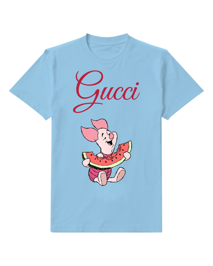 Sky Blue Piglet Sits Holding Watermelon Slice Graphic T-Shirt - front product view