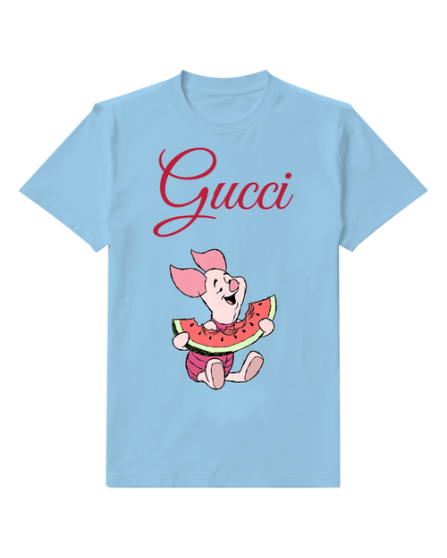 Sky Blue Piglet Sits Holding Watermelon Slice Graphic T-Shirt - front product view