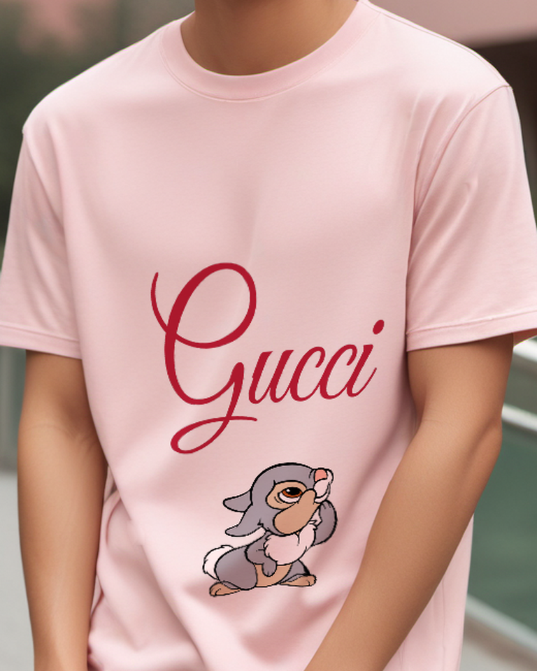 Blush Pink Upward Looking Rabbit Graphic T-Shirt - model wearing view