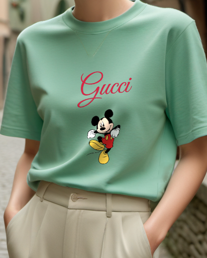Sage Green Mickey Mouse Jumping Joyfully Graphic T-Shirt - model wearing view