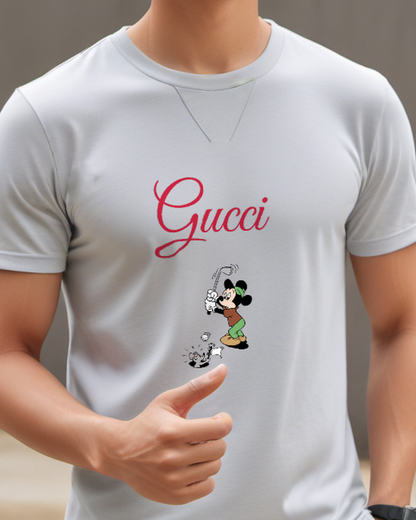 Light Gray Mickey Mouse Golfing Swinging Club Graphic T-Shirt - model wearing view