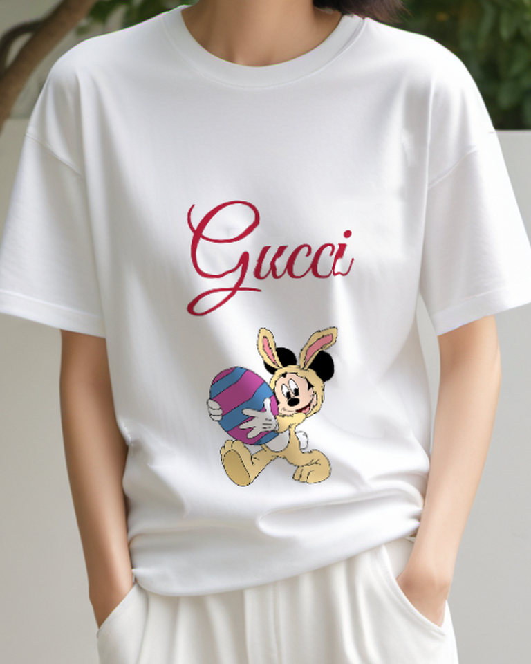 White Easter Bunny Mickey Holding Egg Graphic T-Shirt - model wearing view
