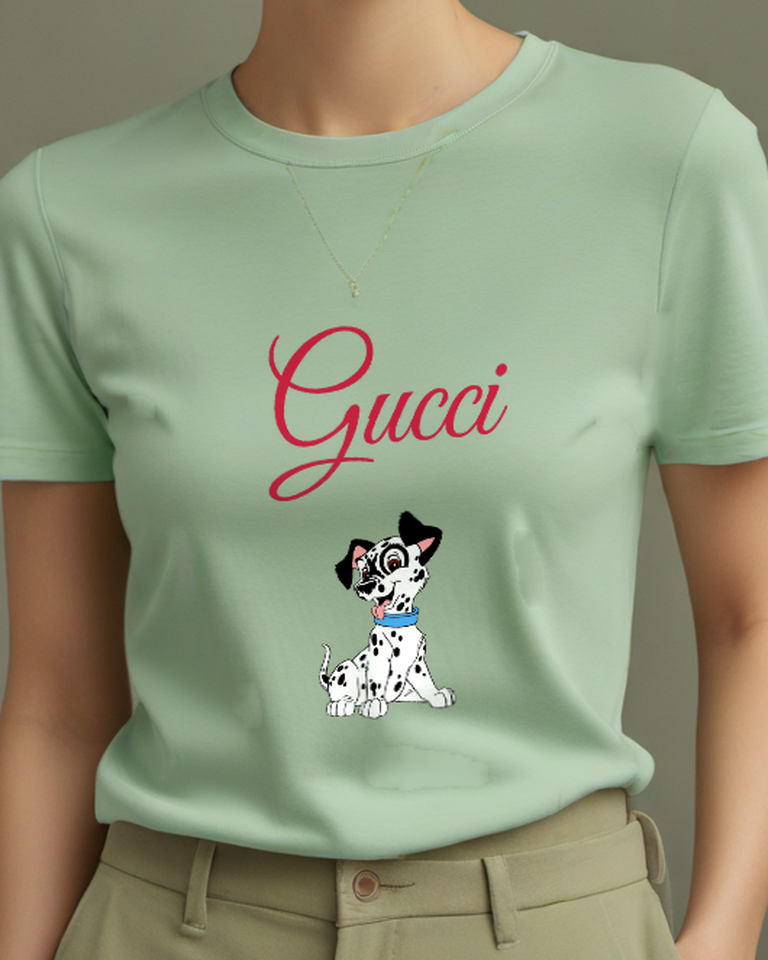 Sage Green Dalmatian Puppy Sitting Happily Graphic T-Shirt - model wearing view