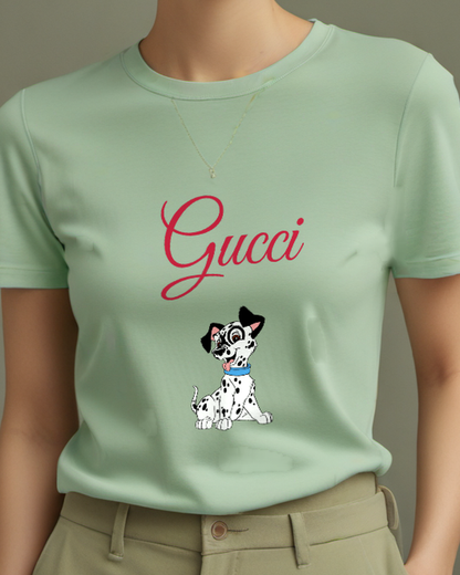 Sage Green Dalmatian Puppy Sitting Happily Graphic T-Shirt - model wearing view