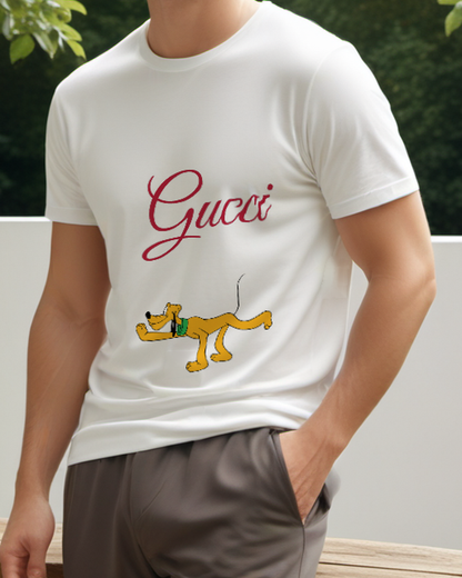 Light Gray Stretched Yellow Dog Graphic T-Shirt - model wearing view