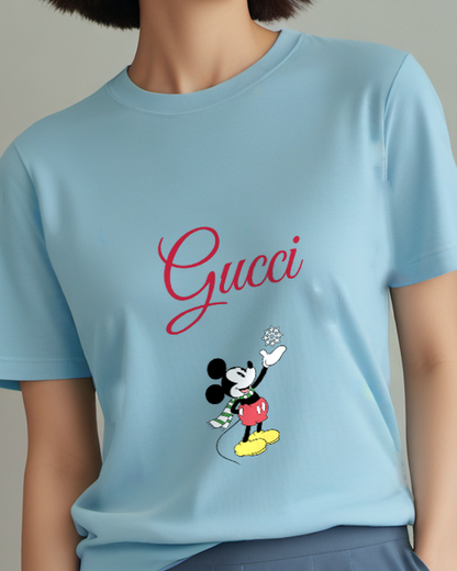 Dusty Blue Mouse Small Blue Bubbles Graphic T-Shirt - model wearing view