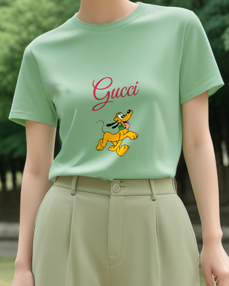Sage Green Yellow Dog Running Joyfully Graphic T-Shirt - model wearing view