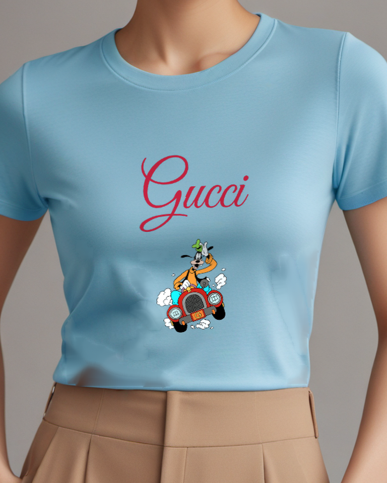 Sky Blue Goofy Driving Red Car Graphic T-Shirt - model wearing view