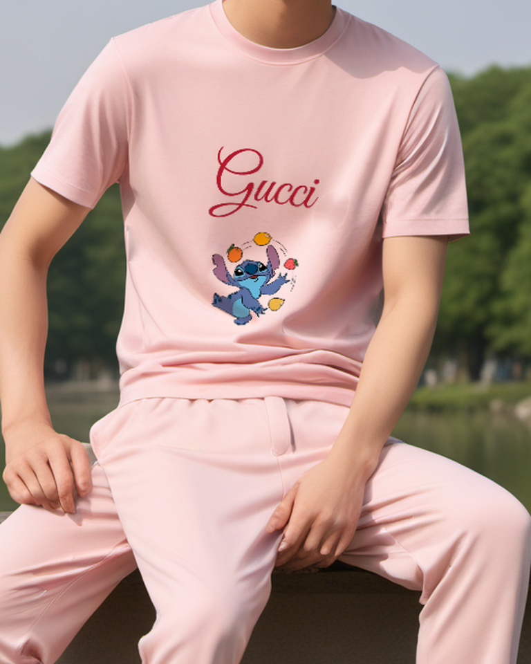 Blush Pink Blue Creature Juggling Fruit Graphic T-Shirt - model wearing view