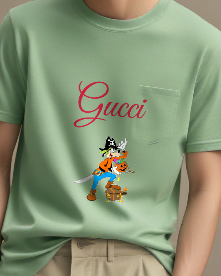 Sage Green Pirate Goofy Holding Candy Bucket Graphic T-Shirt - model wearing view