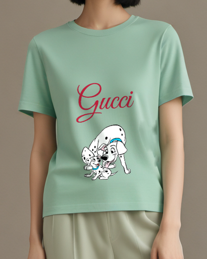 Sage Green Perdita Puppy With Adult Dog Graphic T-Shirt - model wearing view