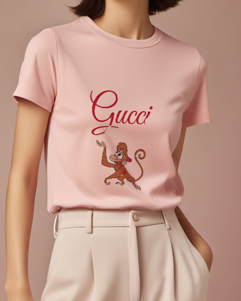 Blush Pink Monkey Raised Hand Graphic T-Shirt - model wearing view