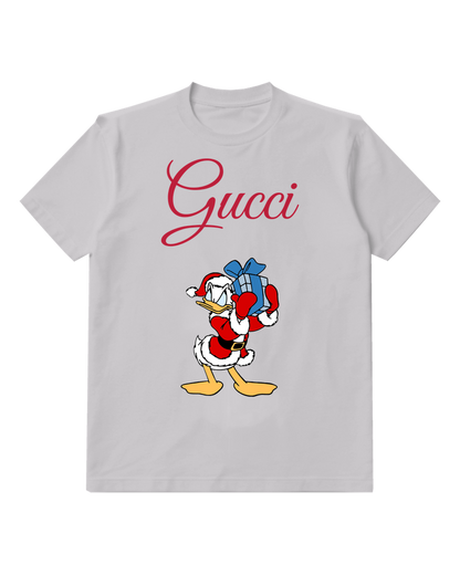 Light Gray Donald Duck In Santa Outfit Holding Gift Graphic T-Shirt - front product view
