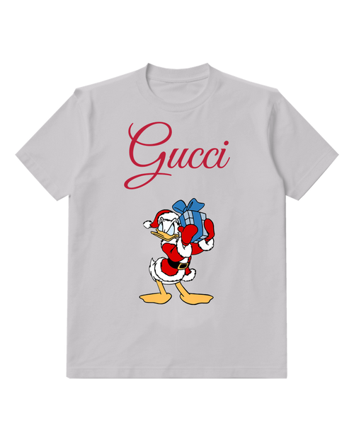 Light Gray Donald Duck In Santa Outfit Holding Gift Graphic T-Shirt - front product view