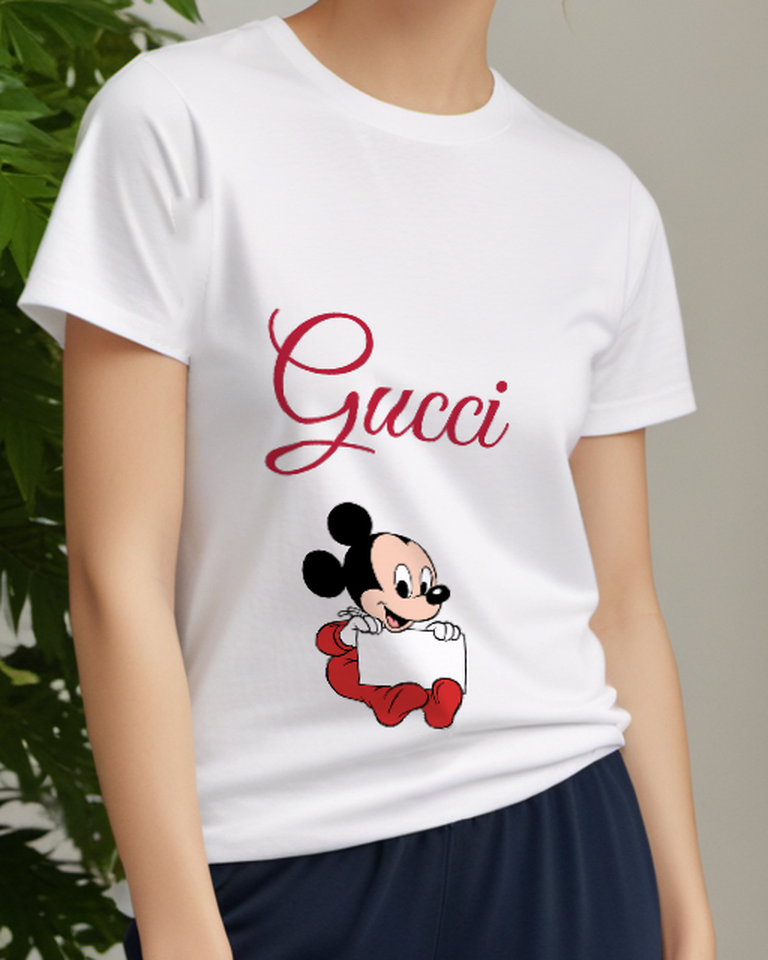 White Baby Mickey Holding Blank Sign Graphic T-Shirt - model wearing view