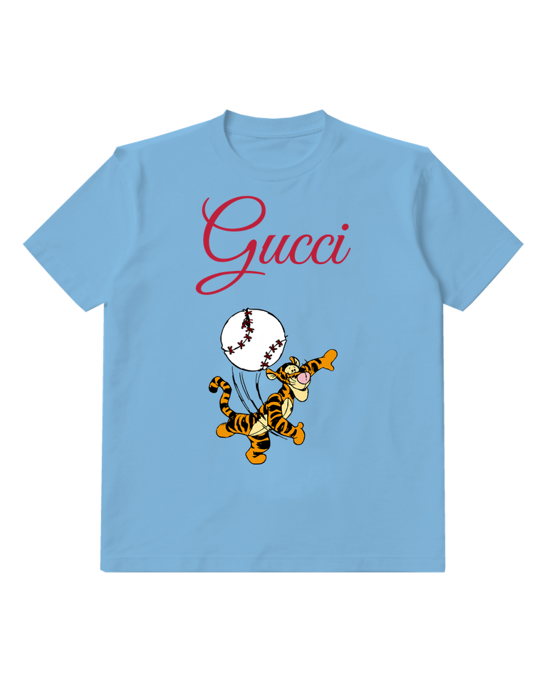Dusty Blue Tigger Chasing Baseball Graphic T-Shirt - front product view