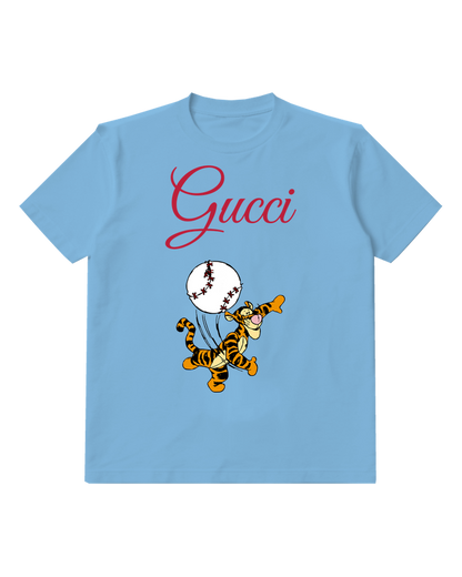 Dusty Blue Tigger Chasing Baseball Graphic T-Shirt - front product view