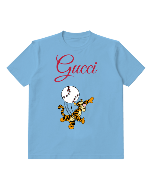 Dusty Blue Tigger Chasing Baseball Graphic T-Shirt - front product view