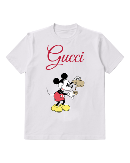 White Mickey Mouse Pours Coffee From Pot Graphic T-Shirt - front product view