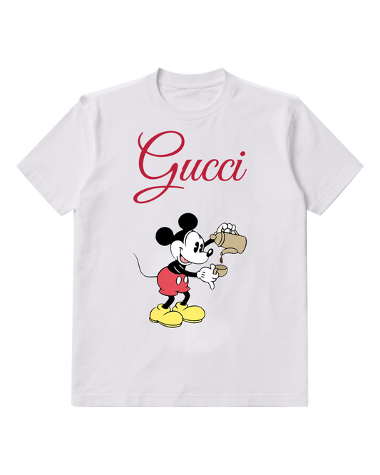 White Mickey Mouse Pours Coffee From Pot Graphic T-Shirt - front product view