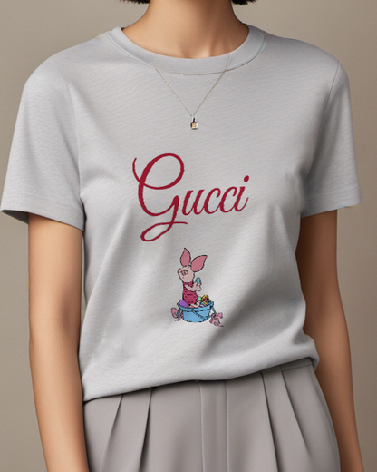 Light Gray Piglet Holding Egg In Bucket Graphic T-Shirt - model wearing view