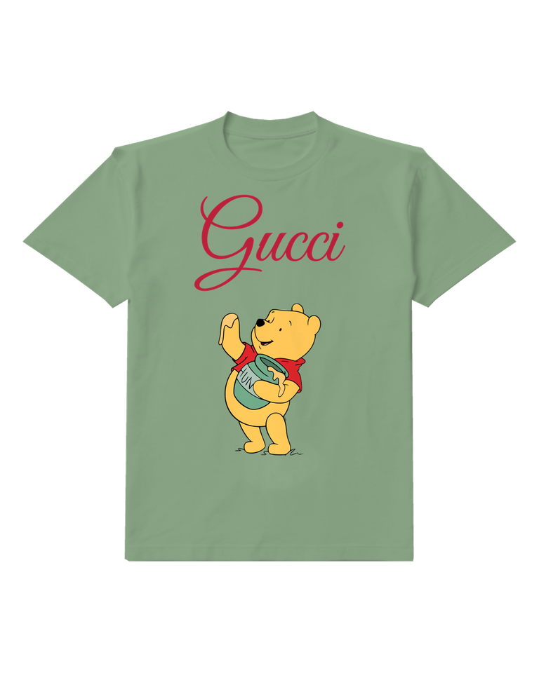 Sage Green Winnie The Pooh Waving With Honey Jar Graphic T-Shirt - front product view