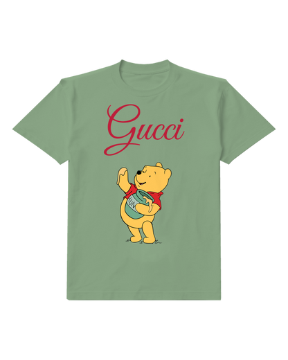 Sage Green Winnie The Pooh Waving With Honey Jar Graphic T-Shirt - front product view