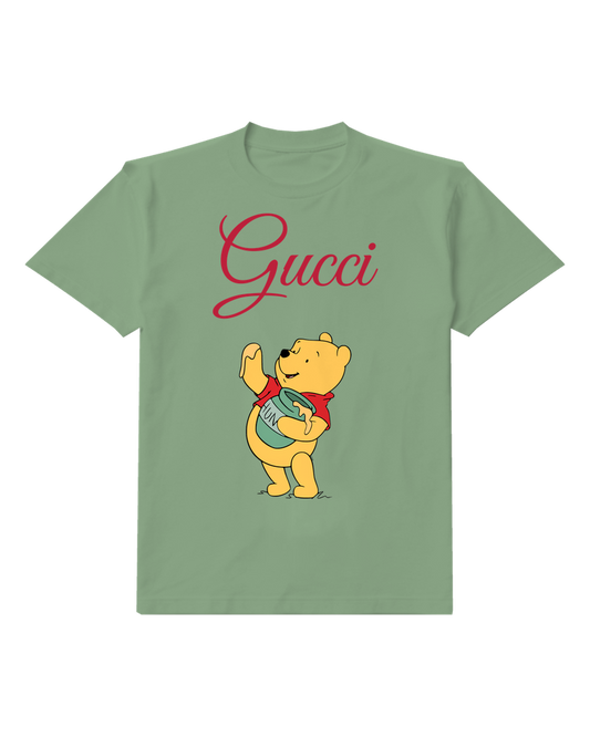 Sage Green Winnie The Pooh Waving With Honey Jar Graphic T-Shirt - front product view