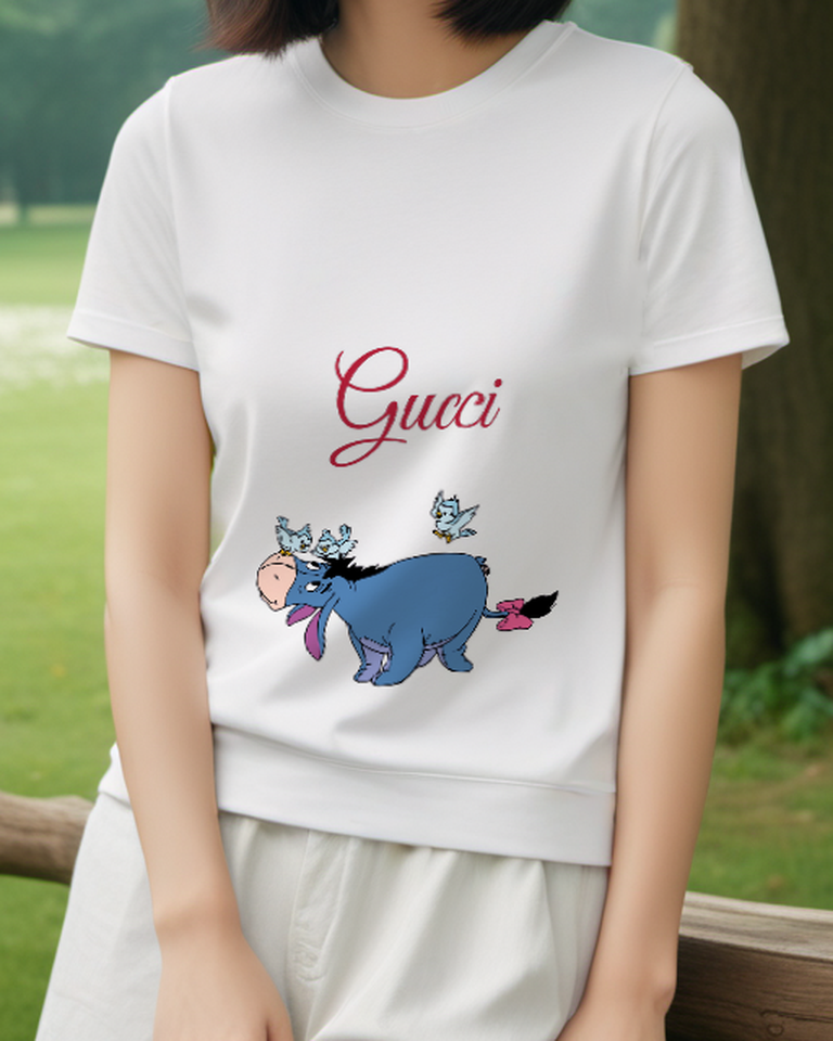 White Donkey Blue Butterflies Graphic T-Shirt - model wearing view