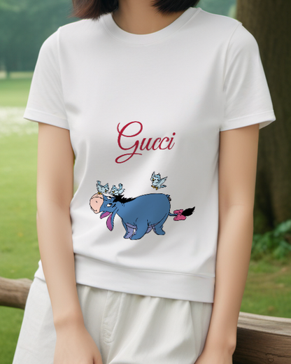 White Donkey Blue Butterflies Graphic T-Shirt - model wearing view