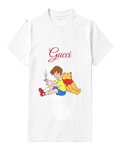 White Christopher Robin Holds Plant With Bear Graphic T-Shirt - front product view