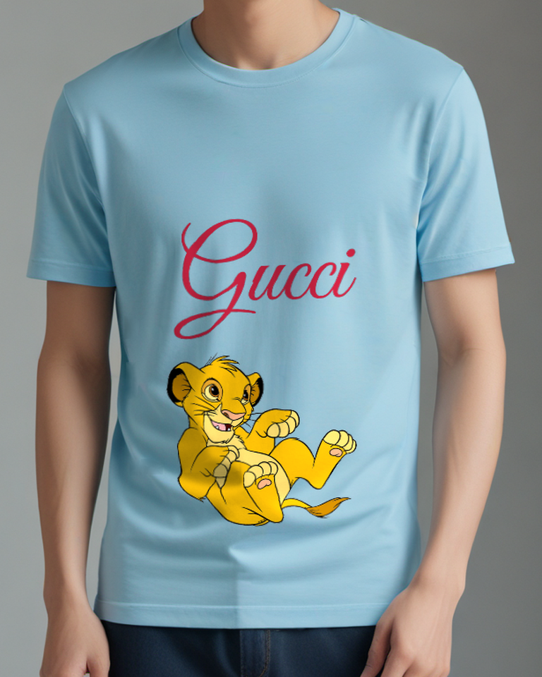 Sky Blue Playful Lion Cub Raised Paws Graphic T-Shirt - model wearing view