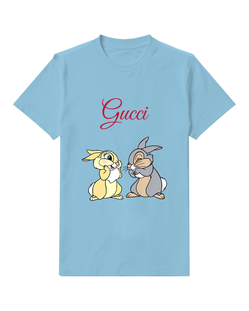 Sky Blue Two Rabbits Conversation Graphic T-Shirt - front product view